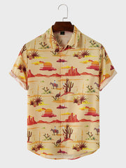 Men Dessert Landscape Print Plants Paradise Short Sleeve Casual Shirts