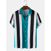 Men's Vintage Vertical Stripe Lapel Short Sleeve Shirt