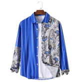 Men Stripe Paisley Patchworok Button Up Casual Long Sleeve Shirts