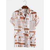 Mens Designer Newspaper Print Revere Collar Short Sleeve Shirts