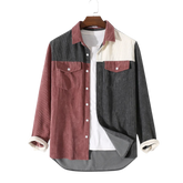 Men Corduroy Plaid Patchwork Color Block Turn Down Collar Long Sleeve Casual Shirts