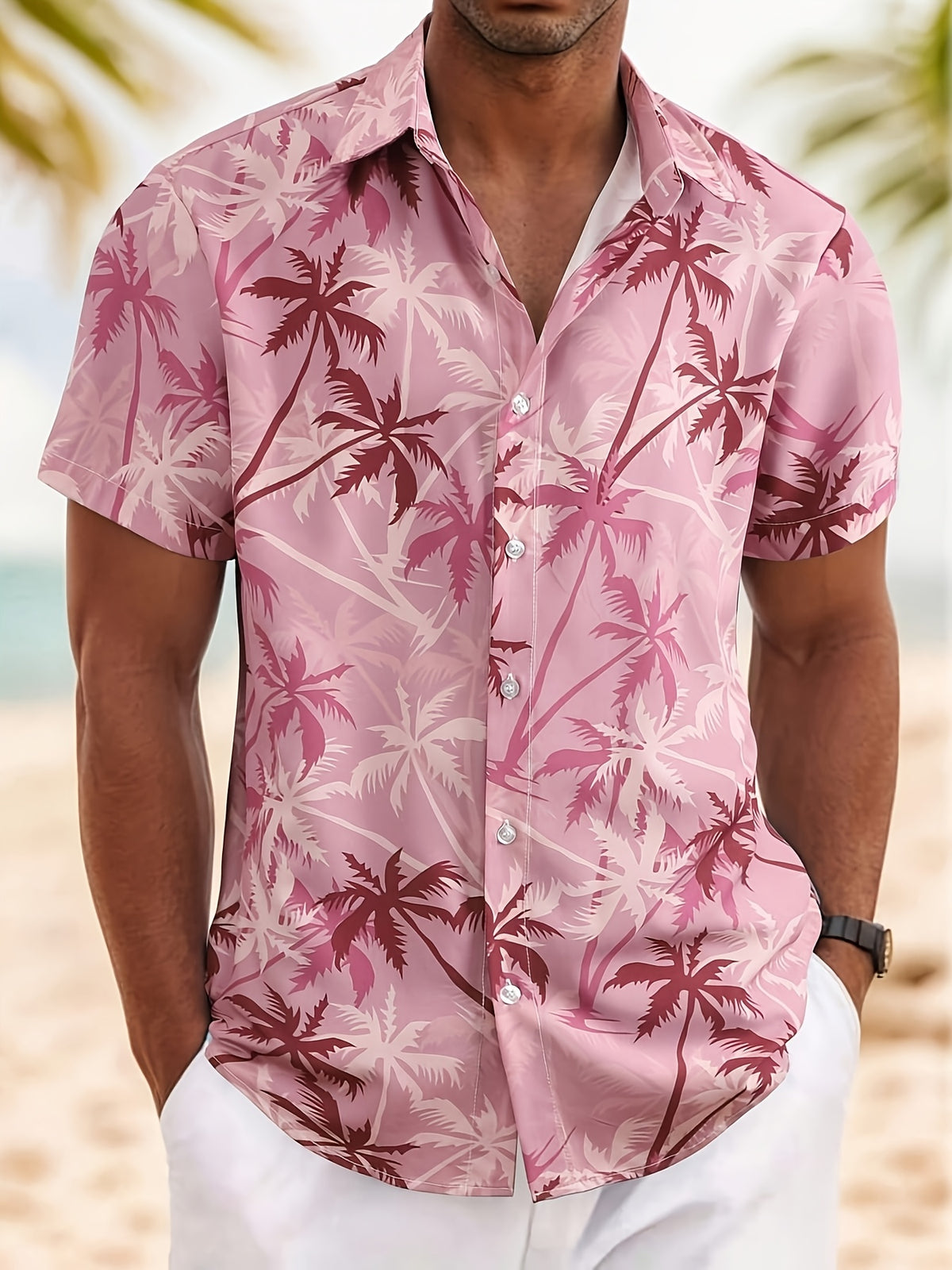 [Coconut Tree Shirt] Men's Casual Coconut Tree Print Short Sleeve Shirt, Beach Shirt, Tropical Shirt, Summer Shirt, Palm Tree Shirt, Blue Hawaiian Shirt, Tropical Shirt, Hawaiian Print Shirt, Palm Tree Shirt