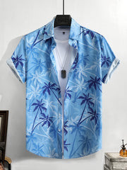 [Coconut Tree Shirt] Men's Casual Coconut Tree Print Short Sleeve Shirt, Beach Shirt, Tropical Shirt, Summer Shirt, Palm Tree Shirt, Blue Hawaiian Shirt, Tropical Shirt, Hawaiian Print Shirt, Palm Tree Shirt