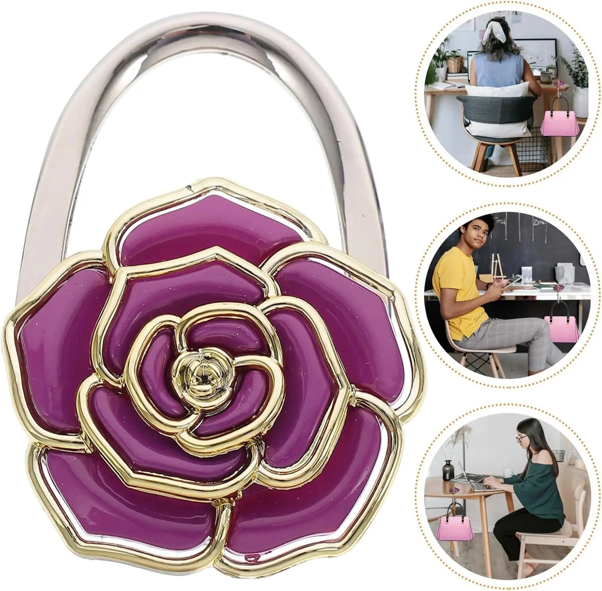 Novuxy® Purse Hook Purple Rose Handbag Holder Hook Foldable Handbag Hanger Bag Storage Decor Giftware for Women