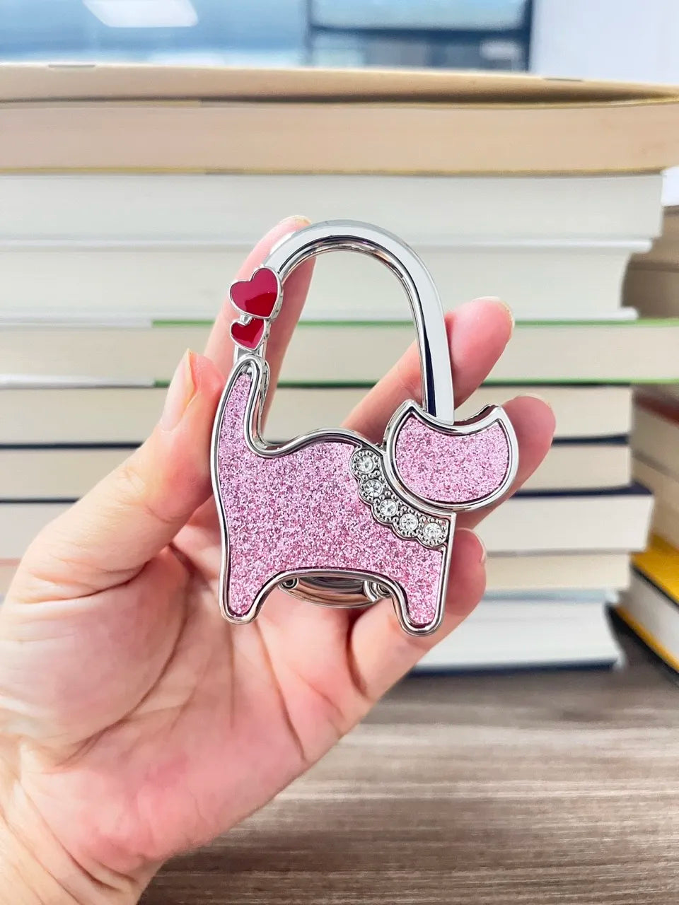 Novuxy® Cat Pattern Portable Folding Bag Hanger Handbag Hook Holder Table Hook Crystal Alloy Purse Bag Holder