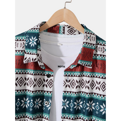 Mens Floral Ethnic Pattern Buttons Cuff Long Sleeve Lapel Shirts