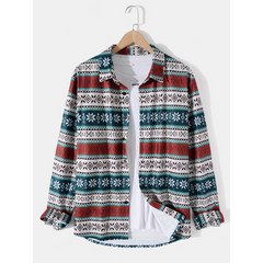 Mens Floral Ethnic Pattern Buttons Cuff Long Sleeve Lapel Shirts
