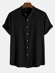 Linen Look Cotton Blend Stand Collar Shirt