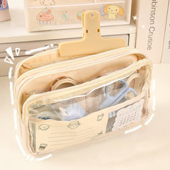 Student Three-Layer Zipper Pencil Bag Travel Toiletry Bag Transparent Simple Storage Box