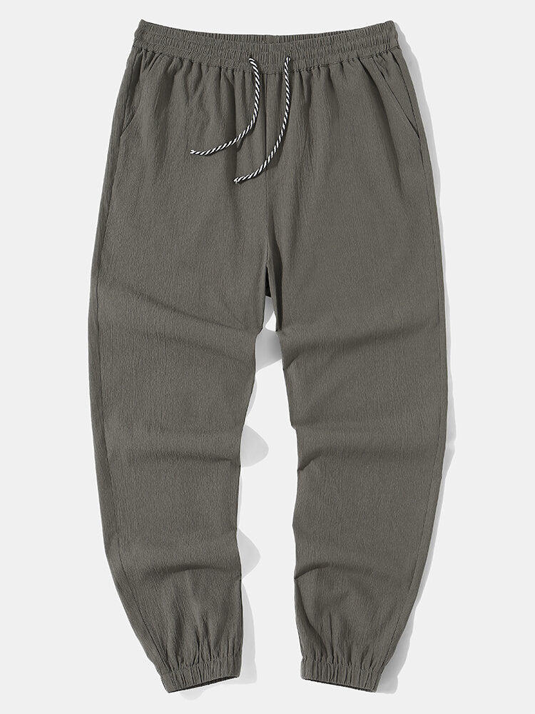 Mens Solid Color Magic Straps Elastic Waist Ankle Length Pants