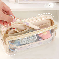 Student Three-Layer Zipper Pencil Bag Travel Toiletry Bag Transparent Simple Storage Box